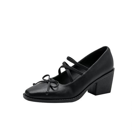 X-33122#桃喜法式绝美蝴蝶结复古玛丽珍浅口小皮方头单鞋女士中粗跟不累脚 鞋子批发女鞋批发凉鞋货源