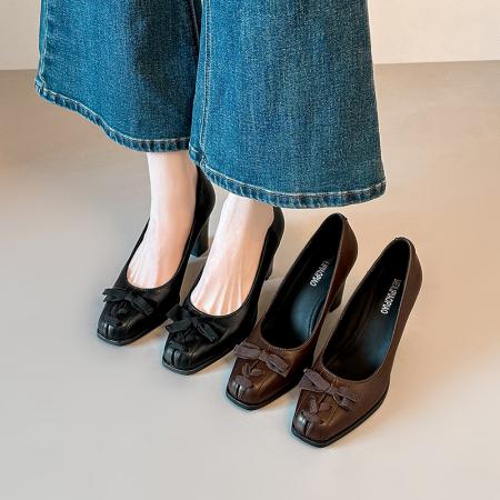 X-33123#法式复古浅口单鞋女粗跟通勤风方头高跟鞋简约蝴蝶结女鞋 鞋子批发女鞋批发凉鞋货源