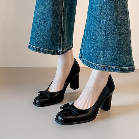 X-33123#法式复古浅口单鞋女粗跟通勤风方头高跟鞋简约蝴蝶结女鞋 鞋子批发女鞋批发凉鞋货源