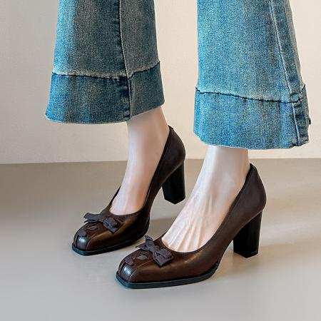 X-33123#法式复古浅口单鞋女粗跟通勤风方头高跟鞋简约蝴蝶结女鞋 鞋子批发女鞋批发凉鞋货源