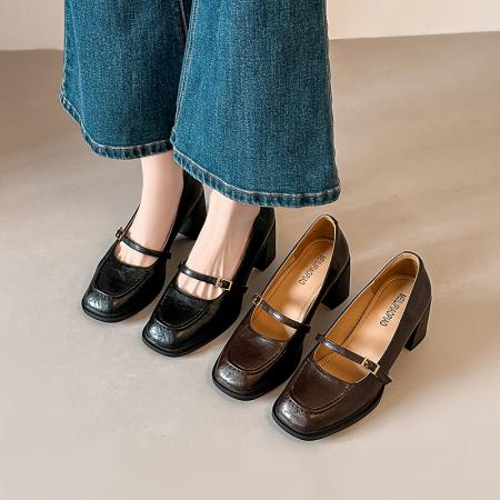 X-33125#春秋法式浅口粗跟单鞋方头高跟鞋女气质高级不累脚玛丽珍鞋 鞋子批发女鞋批发凉鞋货源