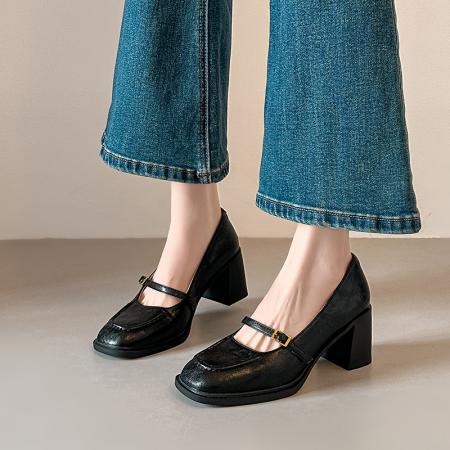 X-33125#春秋法式浅口粗跟单鞋方头高跟鞋女气质高级不累脚玛丽珍鞋 鞋子批发女鞋批发凉鞋货源