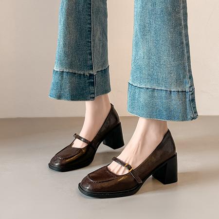 X-33125#春秋法式浅口粗跟单鞋方头高跟鞋女气质高级不累脚玛丽珍鞋 鞋子批发女鞋批发凉鞋货源