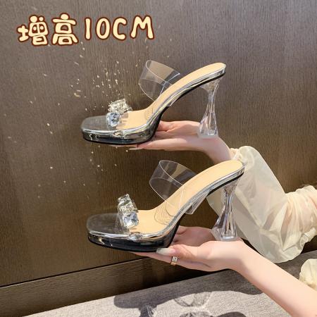 X-33126#10CM凉拖鞋女夏时尚透明一字粗跟超高跟防水台水晶跟凉鞋模特走秀 鞋子批发女鞋批发凉鞋货源