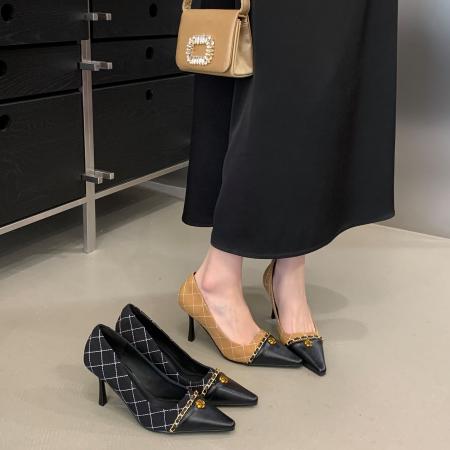 X-33131#春秋新款拼接小香风高跟鞋细跟小方头金属链条山茶花法式单鞋 鞋子批发女鞋批发凉鞋货源