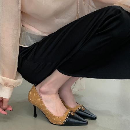 X-33131#春秋新款拼接小香风高跟鞋细跟小方头金属链条山茶花法式单鞋 鞋子批发女鞋批发凉鞋货源