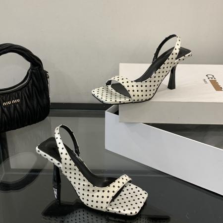 X-33132#配裙子法式黑色波点一字带高跟凉鞋女夏季外穿方头露趾细跟高跟鞋 鞋子批发女鞋批发凉鞋货源