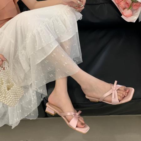 X-33133#新款法式方头露趾凉拖鞋女绝美蝴蝶结仙女风后空外穿粗跟凉鞋 鞋子批发女鞋批发凉鞋货源