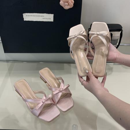 X-33133#新款法式方头露趾凉拖鞋女绝美蝴蝶结仙女风后空外穿粗跟凉鞋 鞋子批发女鞋批发凉鞋货源