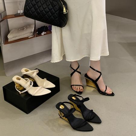 X-33140#夏季时尚露趾坡跟女鞋简约方头绸缎凉鞋轻熟气质一字高跟鞋 鞋子批发女鞋批发凉鞋货源