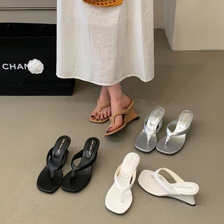 X-33141#夏松弛感高跟凉鞋法式简约气质人字凉拖舒适百搭坡跟露趾女鞋 鞋子批发女鞋批发凉鞋货源