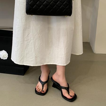 X-33141#夏松弛感高跟凉鞋法式简约气质人字凉拖舒适百搭坡跟露趾女鞋 鞋子批发女鞋批发凉鞋货源