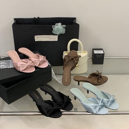 X-33143#夏季可爱风露趾女鞋韩版气质舒适绸缎凉鞋甜美蝴蝶结猫跟拖鞋 鞋子批发女鞋批发凉鞋货源