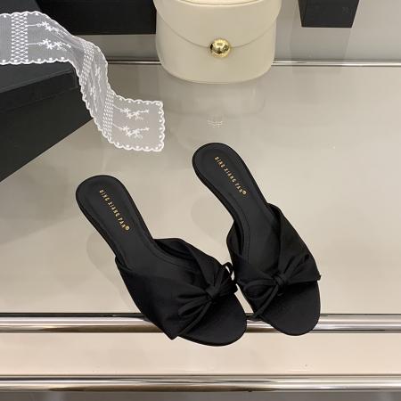 X-33143#夏季可爱风露趾女鞋韩版气质舒适绸缎凉鞋甜美蝴蝶结猫跟拖鞋 鞋子批发女鞋批发凉鞋货源