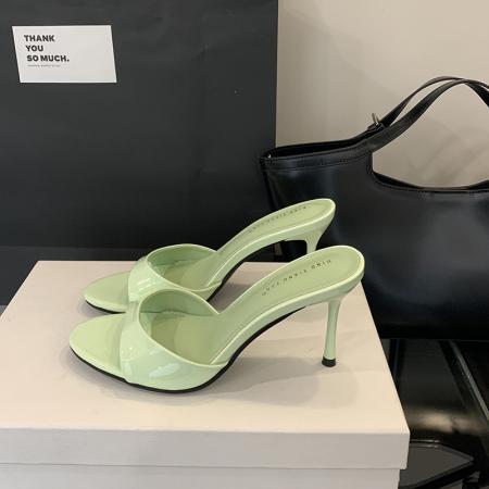 X-33144#夏百搭露趾女鞋简约气质漆皮高跟凉鞋时尚欧美风一字细跟凉拖 鞋子批发女鞋批发凉鞋货源