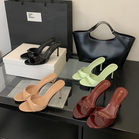 X-33144#夏百搭露趾女鞋简约气质漆皮高跟凉鞋时尚欧美风一字细跟凉拖 鞋子批发女鞋批发凉鞋货源