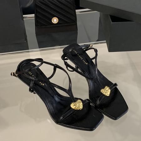 X-33145#夏季时尚露趾女鞋法式气质方头细跟凉鞋爱心金属扣细带高跟鞋 鞋子批发女鞋批发凉鞋货源