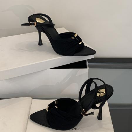 X-33152#夏季时尚露趾女鞋御姐范尖头绸缎凉鞋欧美气质金属扣高跟鞋 鞋子批发女鞋批发凉鞋货源