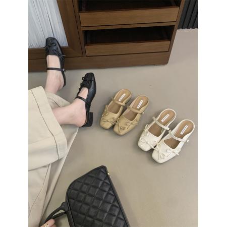 芭蕾风蝴蝶结包头半拖鞋女粗跟玛...