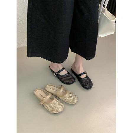 X-33159#新款法式水钻镂空包头半拖鞋女外穿粗跟一字带凉拖玛丽珍女鞋 鞋子批发女鞋批发凉鞋货源