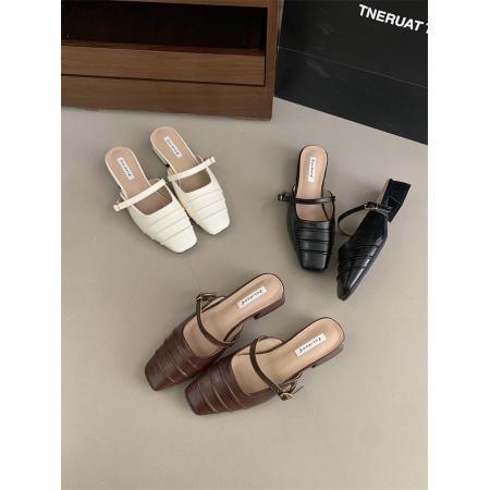 法式粗跟包头半拖鞋女鞋子外穿春...