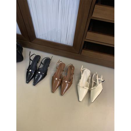 轻熟风尖头珍珠装饰后绊带凉鞋女...