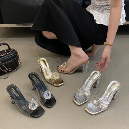 X-33170#夏季新款时尚百搭水钻搭扣粗跟拖鞋女鞋 鞋子批发女鞋批发凉鞋货源