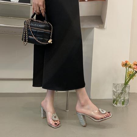 X-33170#夏季新款时尚百搭水钻搭扣粗跟拖鞋女鞋 鞋子批发女鞋批发凉鞋货源