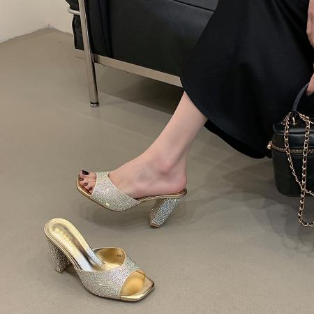 X-33171#夏季新款粗跟水钻金色拖鞋时尚百搭女鞋夏 鞋子批发女鞋批发凉鞋货源