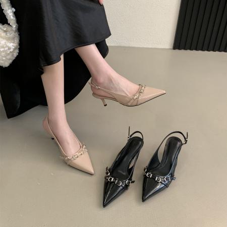 X-33174#尖头凉鞋夏季法式新款浅口细跟中跟后绊带高跟扣饰单鞋 鞋子批发女鞋批发凉鞋货源