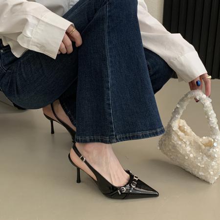 X-33174#尖头凉鞋夏季法式新款浅口细跟中跟后绊带高跟扣饰单鞋 鞋子批发女鞋批发凉鞋货源