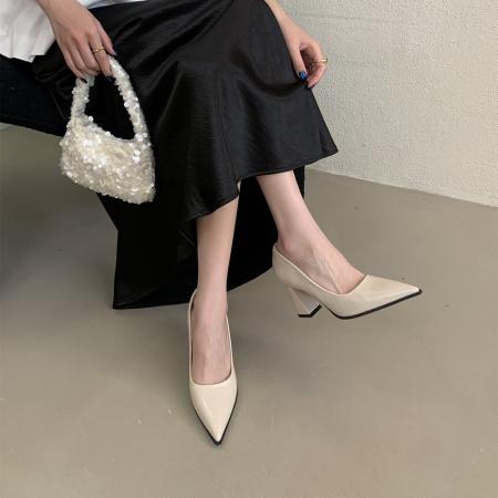 X-33175#春季新款粗跟单鞋简约风时尚高跟鞋经典通勤皮面7cm高跟女鞋 鞋子批发女鞋批发凉鞋货源