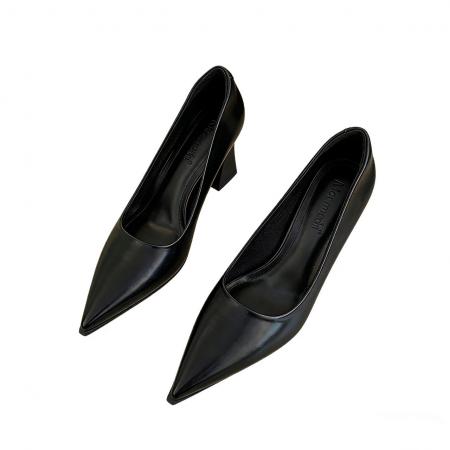 X-33175#春季新款粗跟单鞋简约风时尚高跟鞋经典通勤皮面7cm高跟女鞋 鞋子批发女鞋批发凉鞋货源