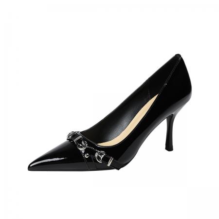 X-33176#春季新款单鞋金属饰扣时尚高跟鞋经典通勤皮面7cm高跟女鞋 鞋子批发女鞋批发凉鞋货源