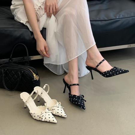 X-33177#包头凉鞋女尖头一字带波点蝴蝶结气质时尚夏季百搭单鞋高跟鞋凉鞋 鞋子批发女鞋批发凉鞋货源