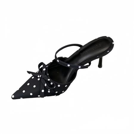 X-33177#包头凉鞋女尖头一字带波点蝴蝶结气质时尚夏季百搭单鞋高跟鞋凉鞋 鞋子批发女鞋批发凉鞋货源