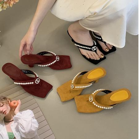 X-33184#新款仙女风法式珍珠夹趾凉拖鞋女款夏季外穿通勤配裙子 鞋子批发女鞋批发凉鞋货源