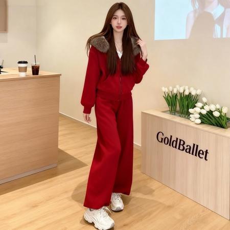 LN76438# 时尚休闲运动套装女秋冬加绒连帽卫衣外套阔腿裤子一整套