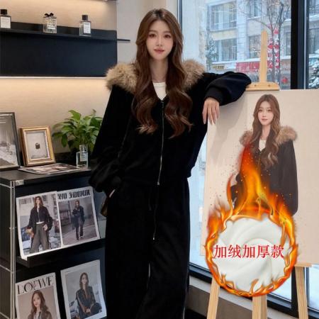 LN76438# 时尚休闲运动套装女秋冬加绒连帽卫衣外套阔腿裤子一整套