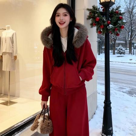 LN76438# 时尚休闲运动套装女秋冬加绒连帽卫衣外套阔腿裤子一整套