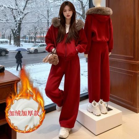 LN76438# 时尚休闲运动套装女秋冬加绒连帽卫衣外套阔腿裤子一整套