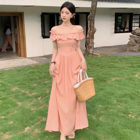 LN76439# 白水女蜜桃奶冻荷叶边方领吊带连衣裙女夏气质甜美雪纺长裙