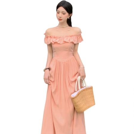 LN76439# 白水女蜜桃奶冻荷叶边方领吊带连衣裙女夏气质甜美雪纺长裙