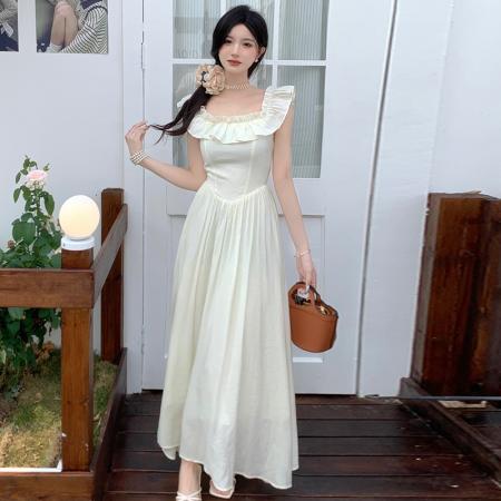 LN76439# 白水女蜜桃奶冻荷叶边方领吊带连衣裙女夏气质甜美雪纺长裙