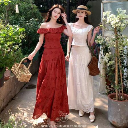 LN76441#凌茜恣禾花影镂白国风新中式镂空绣花飞边上衣绣花半身裙裙子