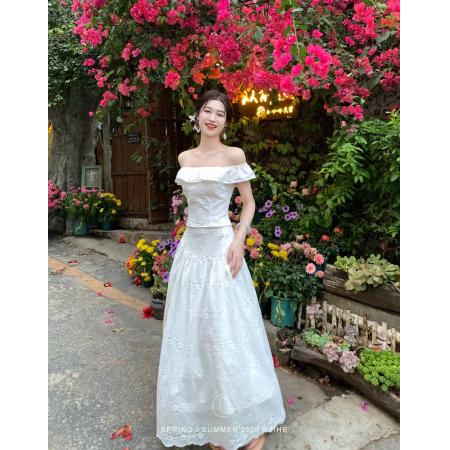 LN76441#凌茜恣禾花影镂白国风新中式镂空绣花飞边上衣绣花半身裙裙子