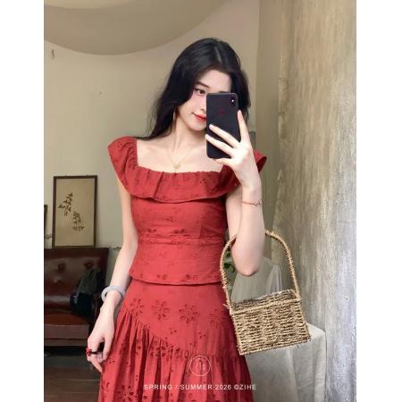 LN76441#凌茜恣禾花影镂白国风新中式镂空绣花飞边上衣绣花半身裙裙子