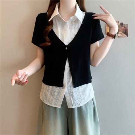 夏装新款大码女装胖mm黑色假两...