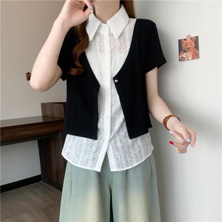 夏装新款大码女装胖mm黑色假两件蕾丝t恤衬衫设计感衬衣  服裝批發女裝批發服飾貨源