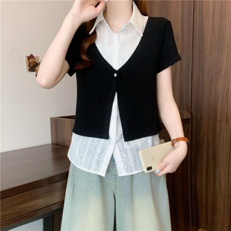 夏装新款大码女装胖mm黑色假两件蕾丝t恤衬衫设计感衬衣  服裝批發女裝批發服飾貨源